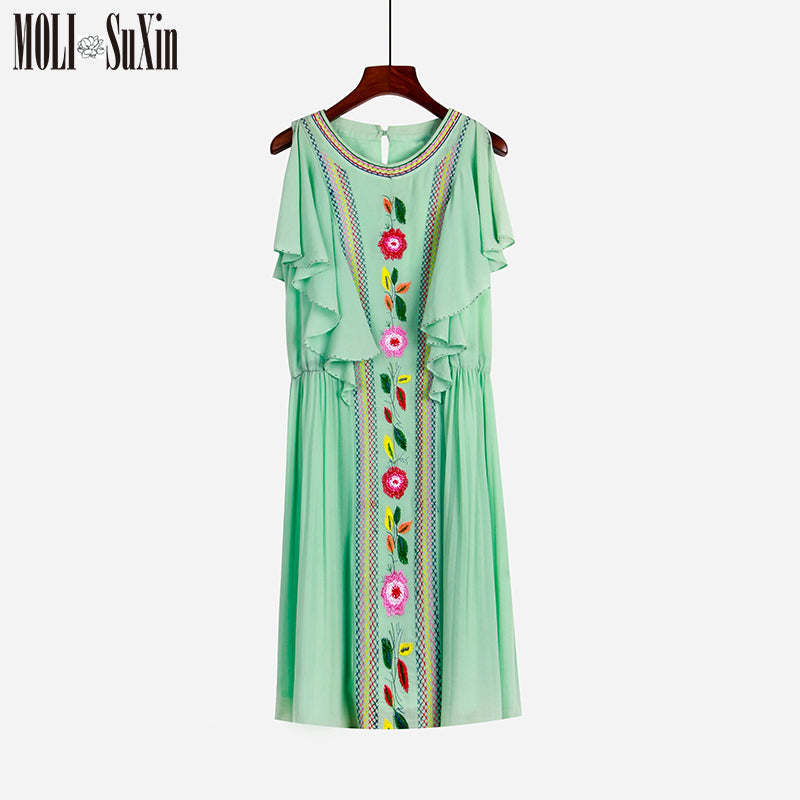 MOLI Floral Bohemian Embroidery Chiffon Dress