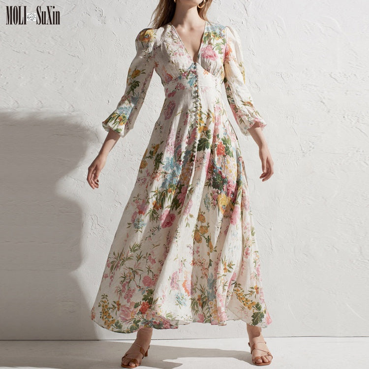 MOLI Spring and summer new tropical flower print holiday deep V-neck slim cotton long-sleeved dress