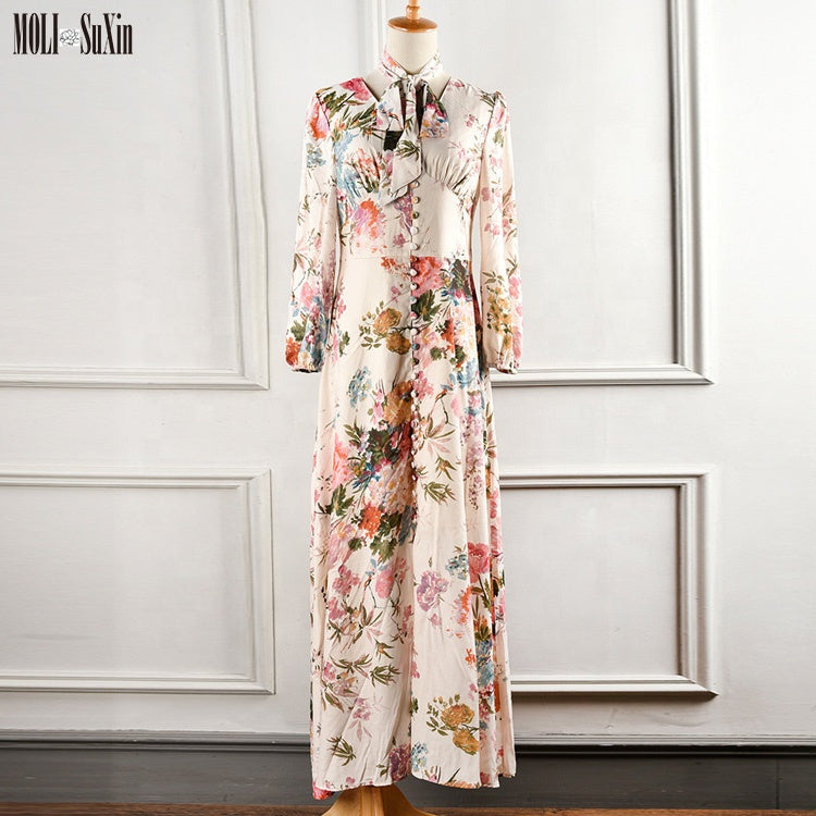 MOLI Spring and summer new tropical flower print holiday deep V-neck slim cotton long-sleeved dress