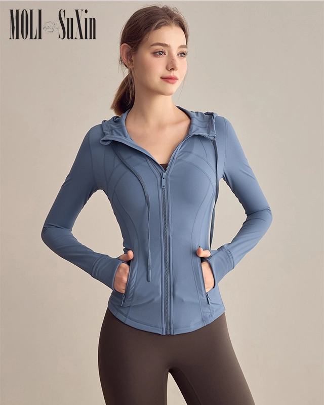 Long-sleeve hooded yoga top for women model show