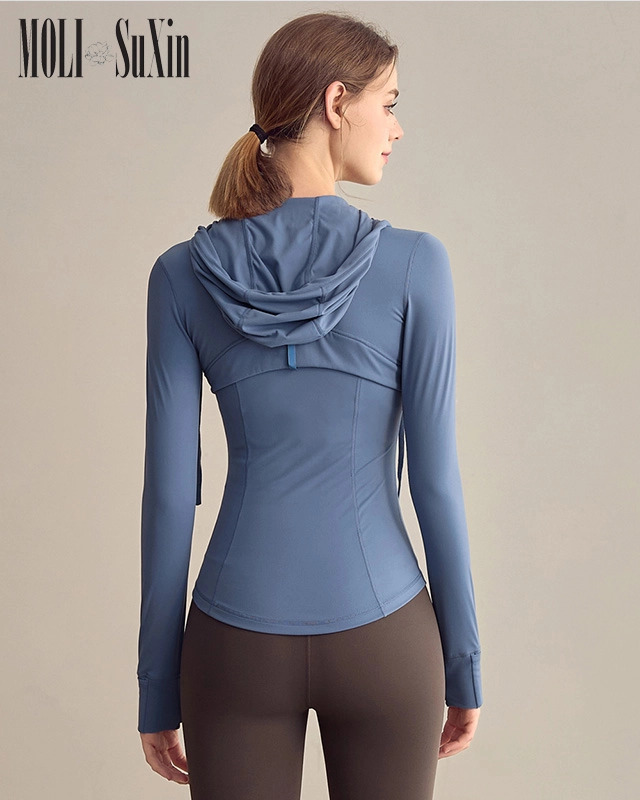 Gray blue Long-sleeve hooded yoga top for women