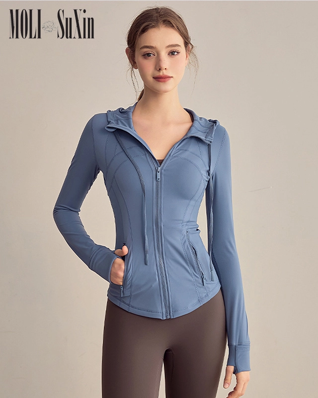 Tight Gray blue Long-sleeve hooded yoga top for women