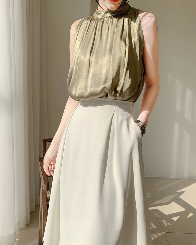 Dongguan wholesale clothing manufacturer showcasing premium satin blouse with stand-up collar