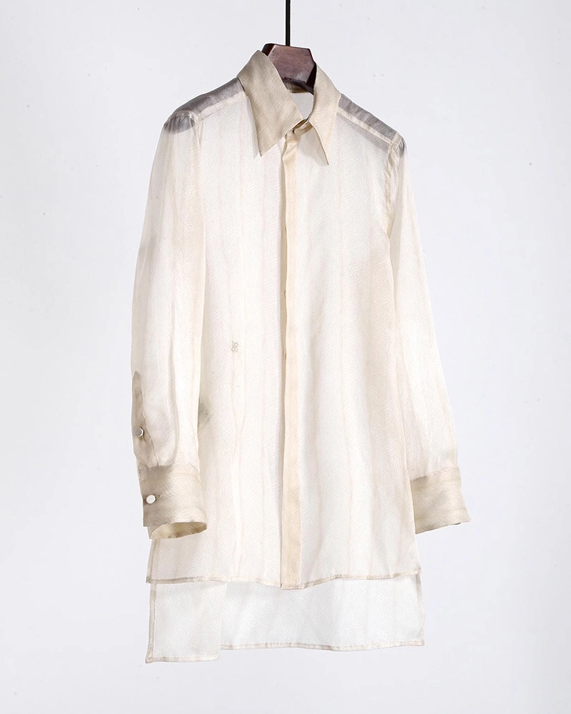 Custom-designed Silk Jacquard Organza Blouse from Dongguan clothing factory with OEM/ODM capabilities.