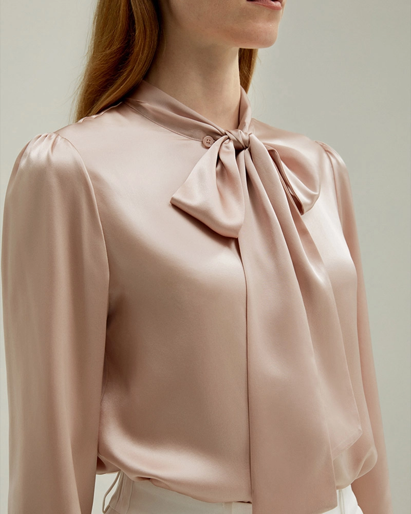 Elegant womens clothes sale showcasing the Ladies' Bow Silk Shirt, made from premium silk.