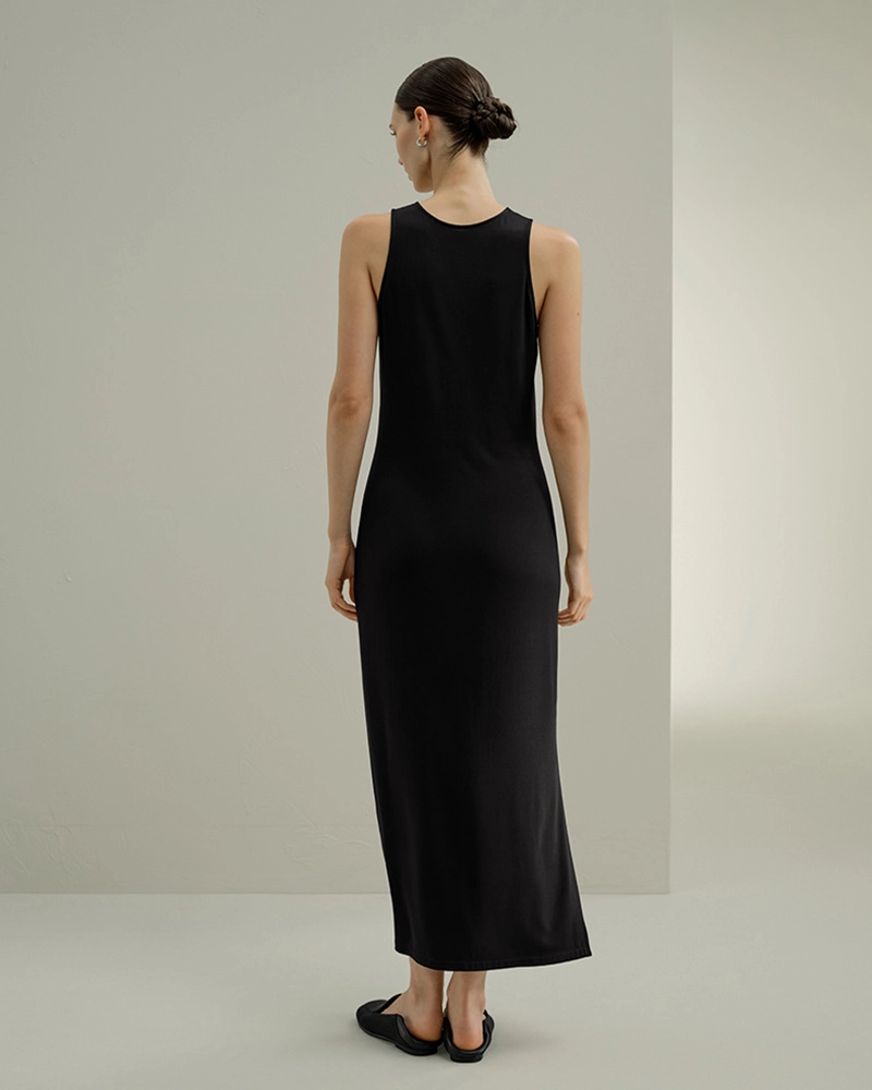 Custom clothing manufacturing for silk dress in Dongguan facility.